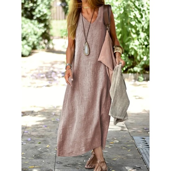 Women Fashion Casual Solid Color Cotton And Linen V-Neck Sleeveless Loose Dress