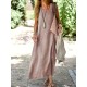 Women Fashion Casual Solid Color Cotton And Linen V-Neck Sleeveless Loose Dress