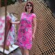 Women Fashion Casual Plus Size Floral Printed Round Neck Short-Sleeve Slim-Fit Dress