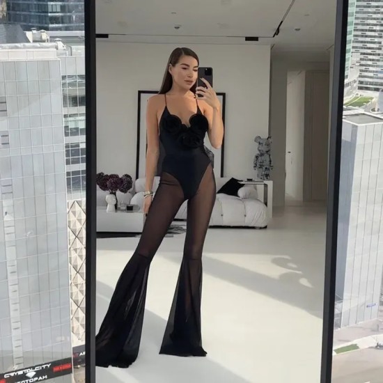 Women Fashion Sexy Mesh Stitching Perspective Flared Jumpsuit
