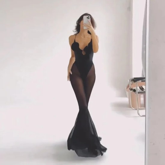 Women Fashion Sexy Mesh Stitching Perspective Flared Jumpsuit
