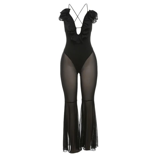 Women Fashion Sexy Mesh Stitching Perspective Flared Jumpsuit