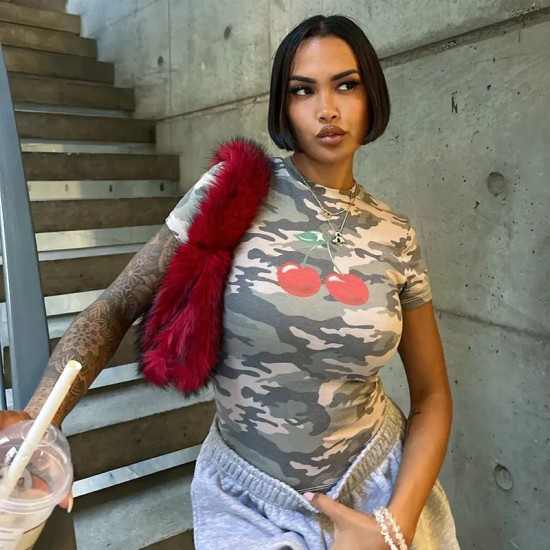 Women Fashion Camouflage Cherry Print Round Neck Short Sleeve T-Shirt