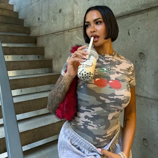 Women Fashion Camouflage Cherry Print Round Neck Short Sleeve T-Shirt