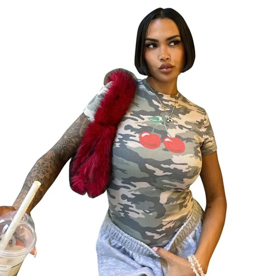 Women Fashion Camouflage Cherry Print Round Neck Short Sleeve T-Shirt