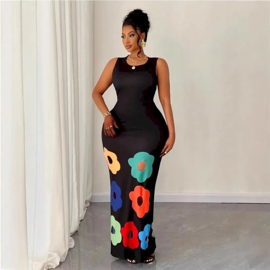 Women Fashion Sexy Floral Printed Round Neck Sleeveless Hollow-Out Slim Fit Dress Women Fashion Sexy Floral Printed Round Neck Sleeveless Hollow-Out Slim Fit Dress