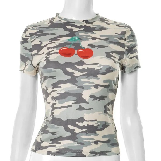 Women Fashion Camouflage Cherry Print Round Neck Short Sleeve T-Shirt