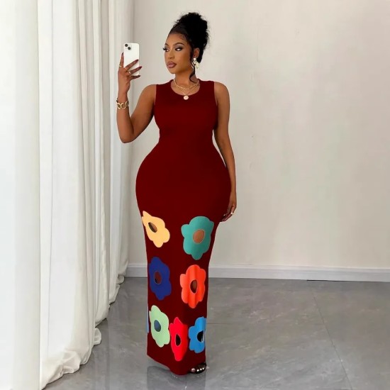 Women Fashion Sexy Floral Printed Round Neck Sleeveless Hollow-Out Slim Fit Dress Women Fashion Sexy Floral Printed Round Neck Sleeveless Hollow-Out Slim Fit Dress