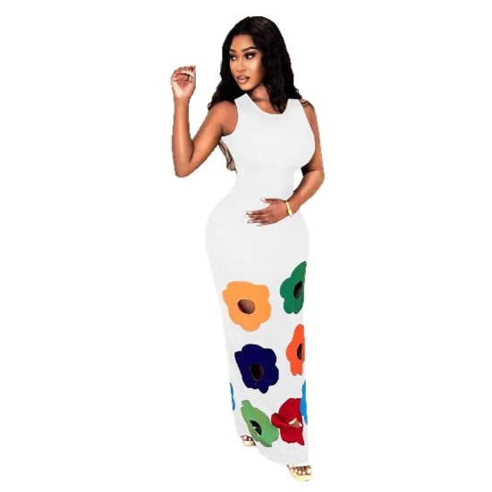 Women Fashion Sexy Floral Printed Round Neck Sleeveless Hollow-Out Slim Fit Dress Women Fashion Sexy Floral Printed Round Neck Sleeveless Hollow-Out Slim Fit Dress