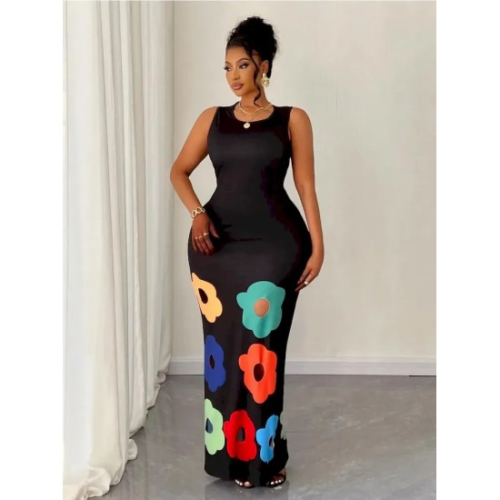 Women Fashion Sexy Floral Printed Round Neck Sleeveless Hollow-Out Slim Fit Dress Women Fashion Sexy Floral Printed Round Neck Sleeveless Hollow-Out Slim Fit Dress