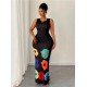 Women Fashion Sexy Floral Printed Round Neck Sleeveless Hollow-Out Slim Fit Dress Women Fashion Sexy Floral Printed Round Neck Sleeveless Hollow-Out Slim Fit Dress