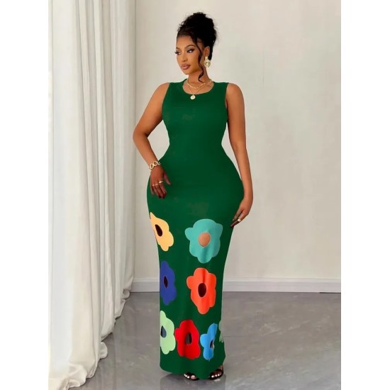 Women Fashion Sexy Floral Printed Round Neck Sleeveless Hollow-Out Slim Fit Dress Women Fashion Sexy Floral Printed Round Neck Sleeveless Hollow-Out Slim Fit Dress