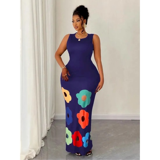 Women Fashion Sexy Floral Printed Round Neck Sleeveless Hollow-Out Slim Fit Dress Women Fashion Sexy Floral Printed Round Neck Sleeveless Hollow-Out Slim Fit Dress