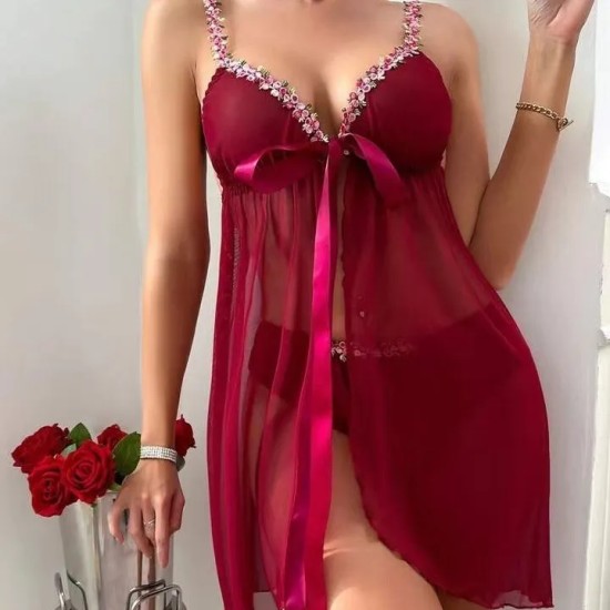 Women Fashion Sexy Perspective Mesh Flower Strap Lace-Up Pajamas Two-Piece Set