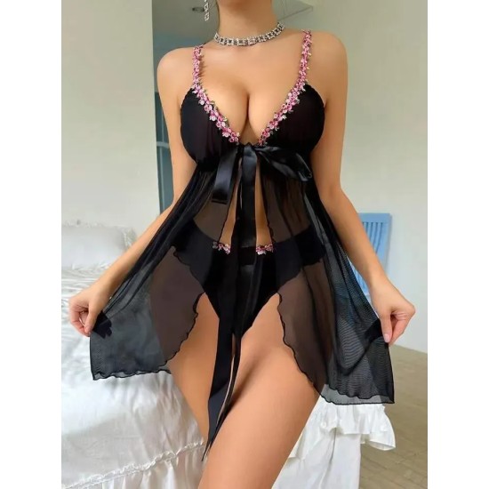 Women Fashion Sexy Perspective Mesh Flower Strap Lace-Up Pajamas Two-Piece Set