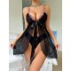 Women Fashion Sexy Perspective Mesh Flower Strap Lace-Up Pajamas Two-Piece Set