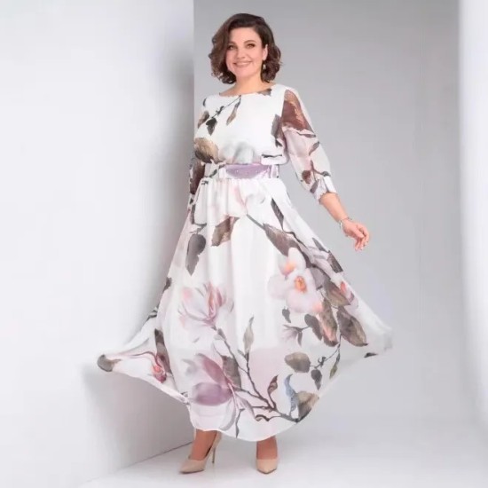 Women Fashion Casual Plus Size Floral Printed Long-Sleeve Loose Dress
