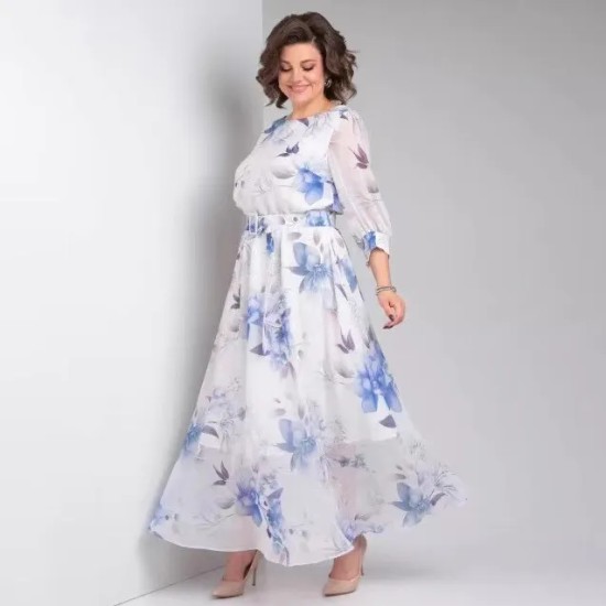 Women Fashion Casual Plus Size Floral Printed Long-Sleeve Loose Dress