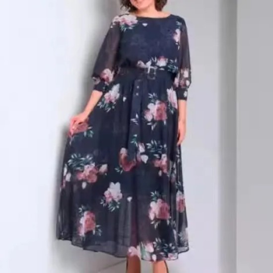 Women Fashion Casual Plus Size Floral Printed Long-Sleeve Loose Dress