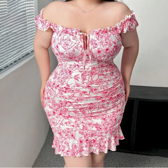 Women Fashion Sexy Plus Size Printed Off Shoulder Lace-Up Tight Dress
