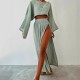 Women Fashion Casual Solid Color Cotton Linen Long-Sleeve Crop Top High Waist Split Skirts Two-Piece Set