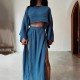 Women Fashion Casual Solid Color Cotton Linen Long-Sleeve Crop Top High Waist Split Skirts Two-Piece Set