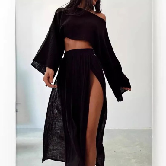 Women Fashion Casual Solid Color Cotton Linen Long-Sleeve Crop Top High Waist Split Skirts Two-Piece Set