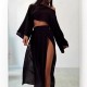 Women Fashion Casual Solid Color Cotton Linen Long-Sleeve Crop Top High Waist Split Skirts Two-Piece Set