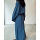 Women Fashion Casual Solid Color Cotton Linen Long-Sleeve Crop Top High Waist Split Skirts Two-Piece Set