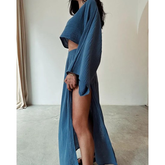 Women Fashion Casual Solid Color Cotton Linen Long-Sleeve Crop Top High Waist Split Skirts Two-Piece Set