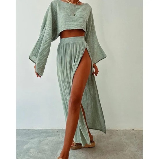 Women Fashion Casual Solid Color Cotton Linen Long-Sleeve Crop Top High Waist Split Skirts Two-Piece Set