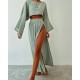 Women Fashion Casual Solid Color Cotton Linen Long-Sleeve Crop Top High Waist Split Skirts Two-Piece Set