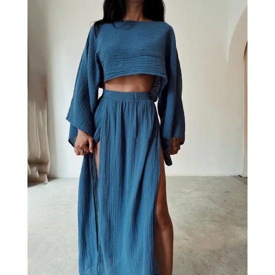 Women Fashion Casual Solid Color Cotton Linen Long-Sleeve Crop Top High Waist Split Skirts Two-Piece Set