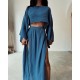 Women Fashion Casual Solid Color Cotton Linen Long-Sleeve Crop Top High Waist Split Skirts Two-Piece Set