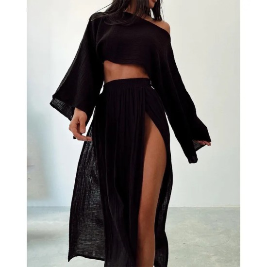 Women Fashion Casual Solid Color Cotton Linen Long-Sleeve Crop Top High Waist Split Skirts Two-Piece Set