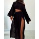 Women Fashion Casual Solid Color Cotton Linen Long-Sleeve Crop Top High Waist Split Skirts Two-Piece Set