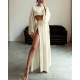Women Fashion Casual Solid Color Cotton Linen Long-Sleeve Crop Top High Waist Split Skirts Two-Piece Set
