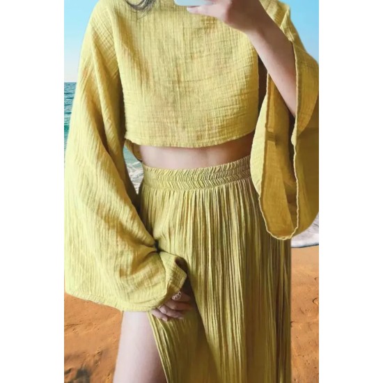 Women Fashion Casual Solid Color Cotton Linen Long-Sleeve Crop Top High Waist Split Skirts Two-Piece Set