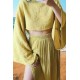 Women Fashion Casual Solid Color Cotton Linen Long-Sleeve Crop Top High Waist Split Skirts Two-Piece Set