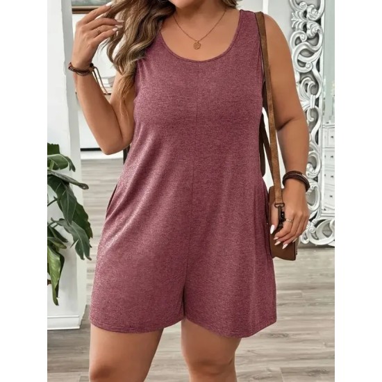 Women Fashion Casual Plus Size Solid Color Sleeveless Loose Rompers