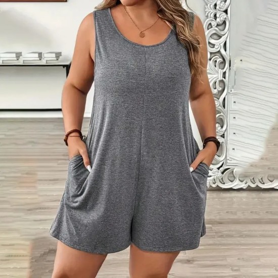 Women Fashion Casual Plus Size Solid Color Sleeveless Loose Rompers
