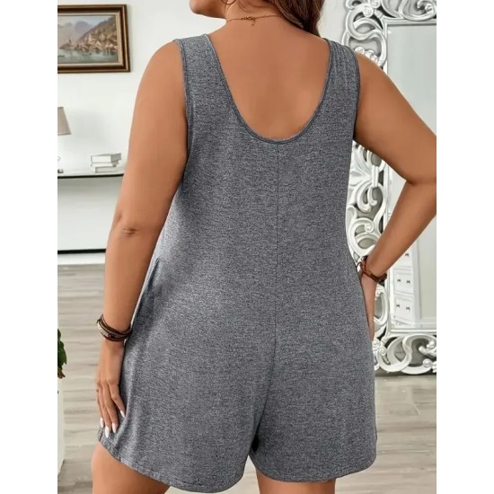 Women Fashion Casual Plus Size Solid Color Sleeveless Loose Rompers