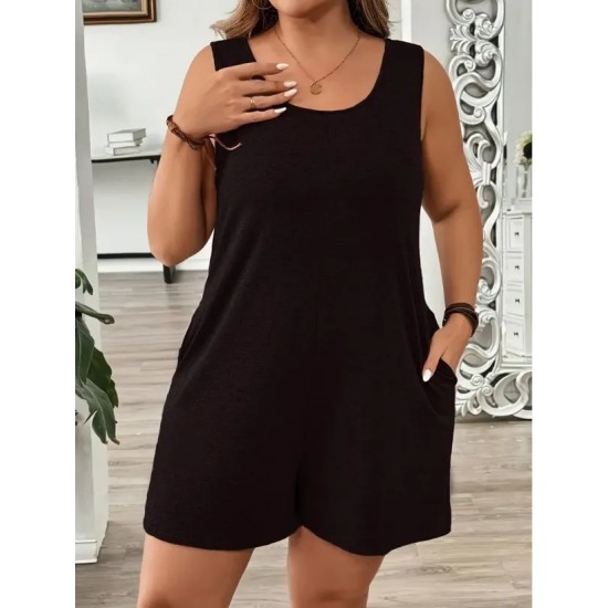 Women Fashion Casual Plus Size Solid Color Sleeveless Loose Rompers