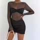 Women Fashion Mesh Perspective Stitching Long Sleeve Bodycon Dress
