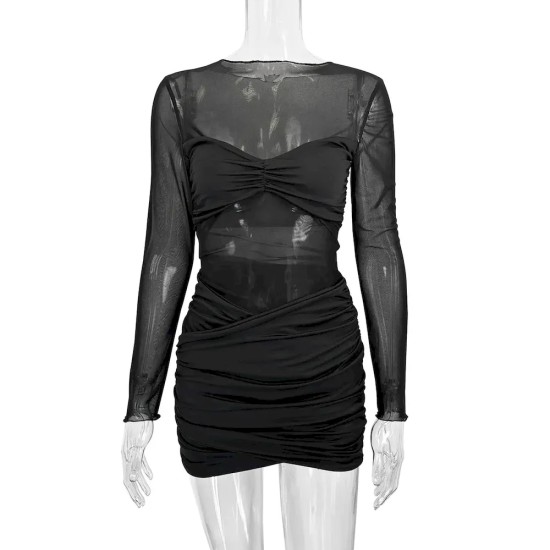 Women Fashion Mesh Perspective Stitching Long Sleeve Bodycon Dress