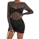 Women Fashion Mesh Perspective Stitching Long Sleeve Bodycon Dress