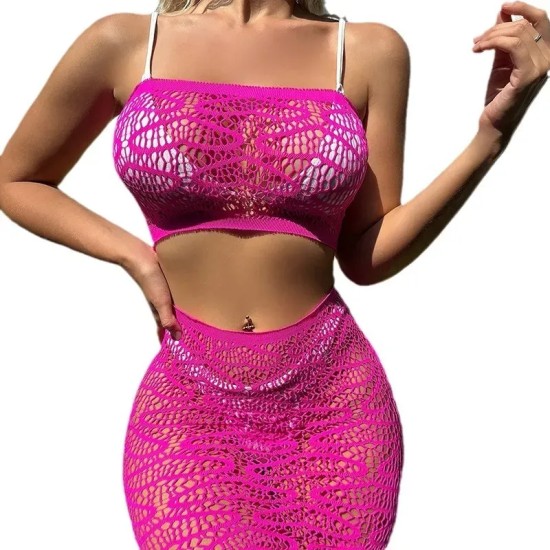 Women Fashion Sexy Hollow Perspective Tube Top Skirt Two-Piece Set