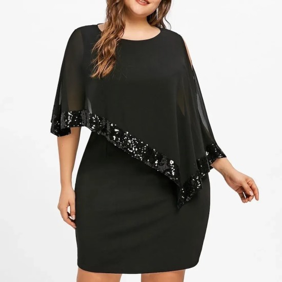 Women Fashion Irregular Plus Size Sequins Stitching Short-Sleeve Slim Fit Dress