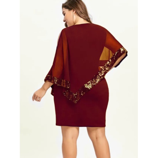 Women Fashion Irregular Plus Size Sequins Stitching Short-Sleeve Slim Fit Dress