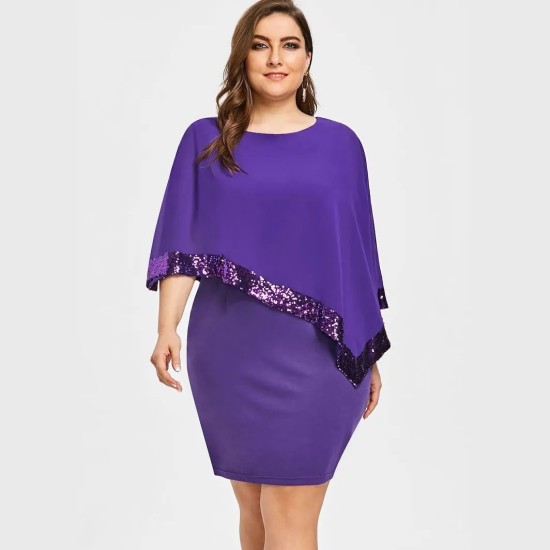 Women Fashion Irregular Plus Size Sequins Stitching Short-Sleeve Slim Fit Dress